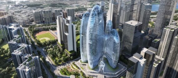 rendering of rounded towers with glass walls