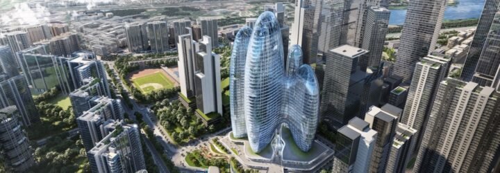 rendering of rounded towers with glass walls
