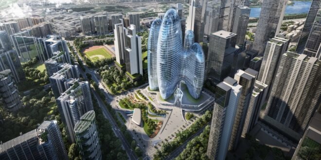 aerial rendering of rounded towers with glass walls