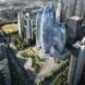 aerial rendering of rounded towers with glass walls