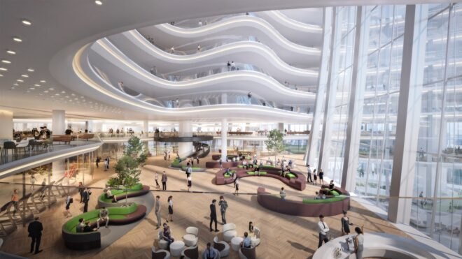 rendering of lounge space with curving green benches and tall ceilings