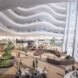 rendering of lounge space with curving green benches and tall ceilings