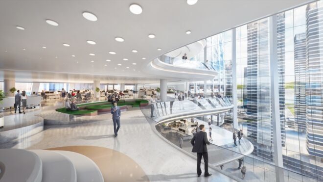rendering of people walking on curving platforms with glass walls