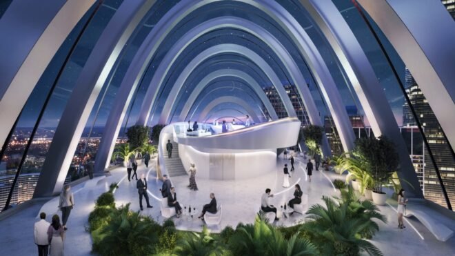 rendering of white seating in room with glass walls and ceilings