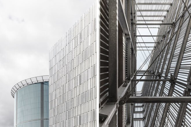 on the left an up-close view of the slats on the building's facade. on the right an image of intricate, crossing metal structures.