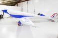 another angle of a plane with blue detailing. red accents show on the tail of the plane