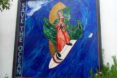 a square, blue mural with 