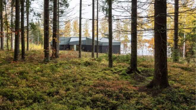 a home sitting on a small hill with trees