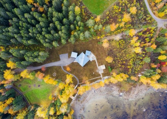 aerial shot of home with three volumes