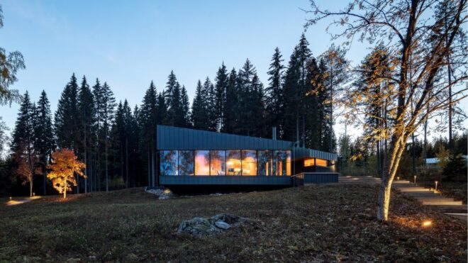 angular home with light illuminated from its interior