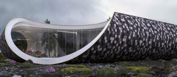tubular home with large round cutout looking into the interior living space