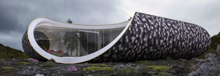 tubular home with large round cutout looking into the interior living space