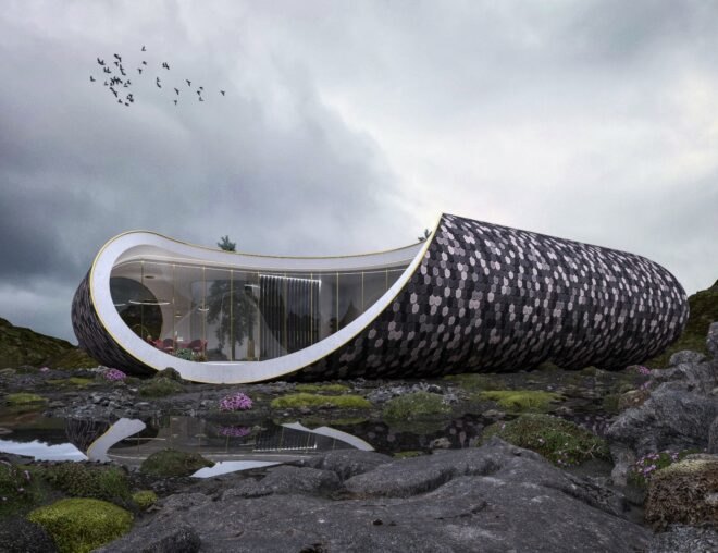 small tubular home in the shape of a seashell