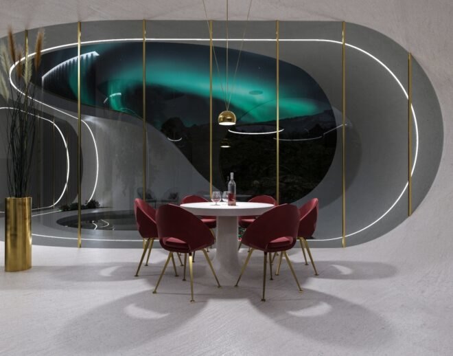 futuristic living space with white dining table and red chairs
