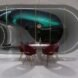 futuristic living space with white dining table and red chairs