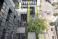 aerial view of wood walkways leading to different sections of a glass tower