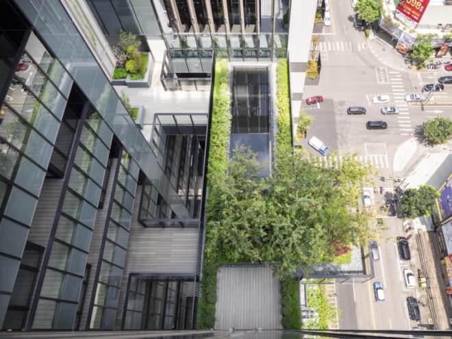 aerial view of wood walkways leading to different sections of a glass tower