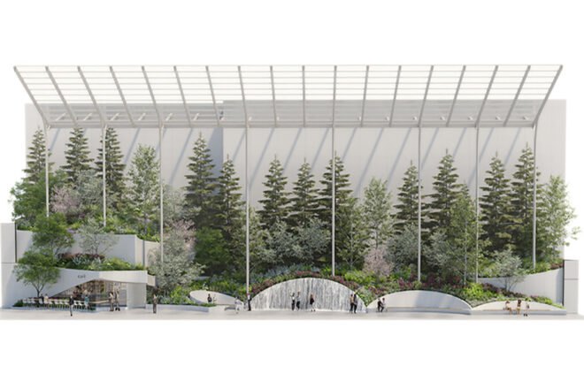 a drawing of one of the proposed areas, showing a wall of trees, a building on the far left, and semi-circle structures throughout.