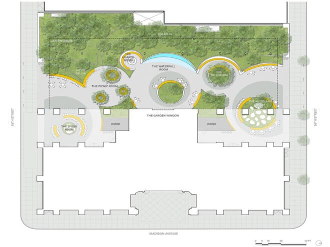 a birdseye view drawing of the area showing trees and several circular rooms, including "the living room," "the picnic room," "the hearth room," "the waterfall room," "the tree room," and "the woodland room."