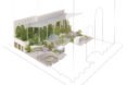 a drawing of the planned building, featuring many trees and outdoor sitting areas