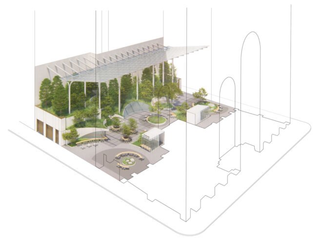 a drawing of the planned building, featuring many trees and outdoor sitting areas