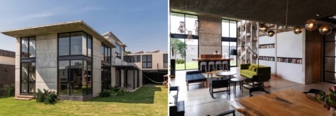 two photos: to the left, the exterior of a flat top house with a green lawn surrounding. to the right, the interior of a home with tables, sofas and bookshelves