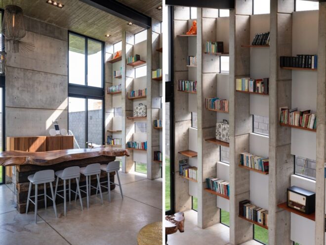 two images: to the left, a large living space with dining table. to the right, a wall of bookshelves
