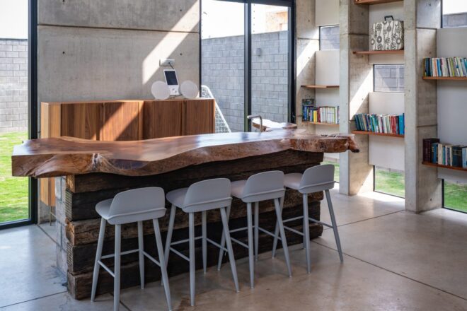 large live edge wood table with white seats