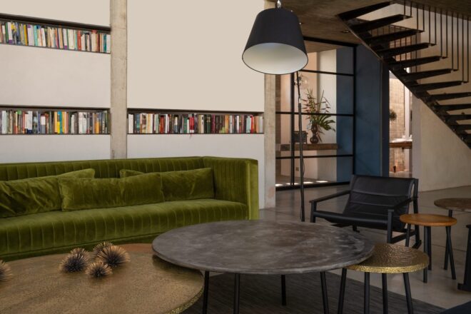 large green sofa with round table
