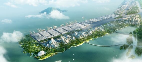 a birdseye view of a smart city on an island surrounded by water