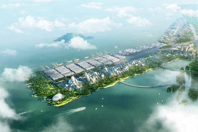 a birdseye view of a smart city on an island surrounded by water