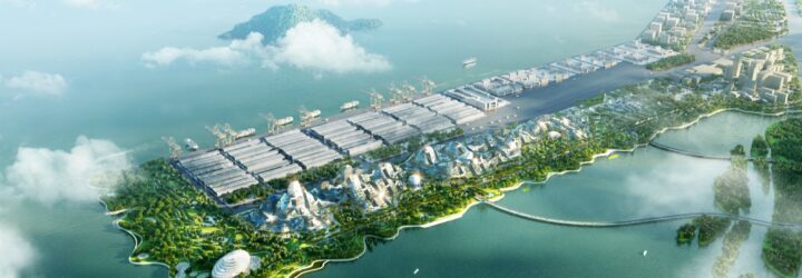 a birdseye view of a smart city on an island surrounded by water