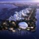 a night view of a birdseye view of a smart city on an island surrounded by water