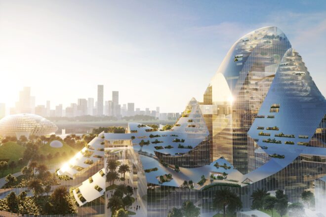 a reflective structure that simulates rolling mountains