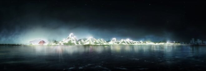 a night view of the horizon with buildings that simulate glowing mountains