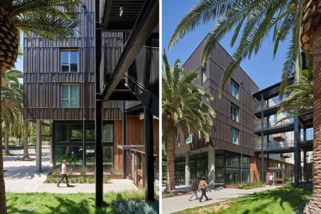 two images. to the left, a dark colored building with widows and a glass-walled structure on the ground floor. a small green lawn is in front of the sidewalk, where a person walks towards the building. to the right, two people walk towards a dark colored building with palm trees around it and a thin green lawn next to it