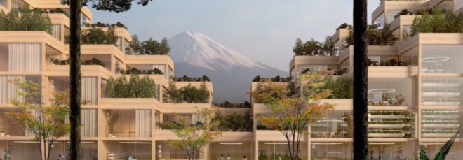 rendering of stacked timber structures with Mt. Fuji in background
