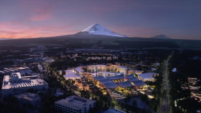 rendering of solar-powered city buildings at dusk with Mt. Fuji in distance