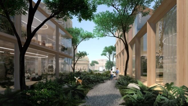 rendering of tree-lined walkway between wood buildings