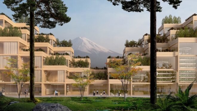 rendering of stacked timber structures with Mt. Fuji in background