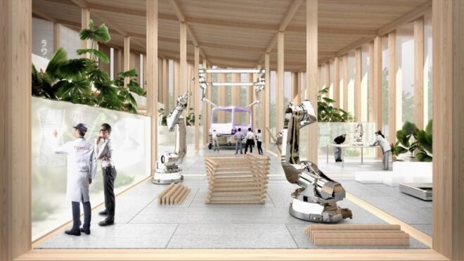 Rendering of large metal robots in a wood building