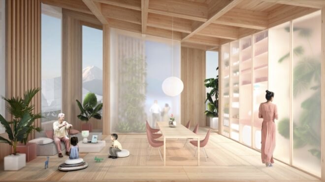 rendering of wood-lined interior with long dining table and small gray sofa