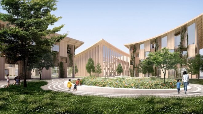 rendering of garden in the center of several wood buildings