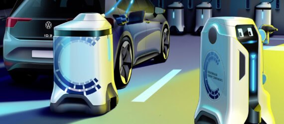 a rendering of green light shining on a robot, with a display that looks towards a parked car. a charging station is attached to the car