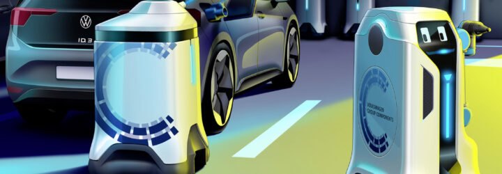 a rendering of green light shining on a robot, with a display that looks towards a parked car. a charging station is attached to the car