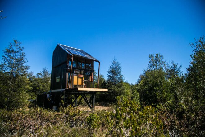 greenery surrounds a solitary cabin