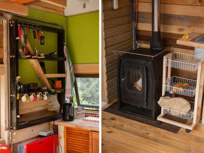 two photos. to the left, a photo of storage in the kitchen, with green walls surrounding and a red structure under the shelving. to the right, a photo of a small black box that holds the fireplace.