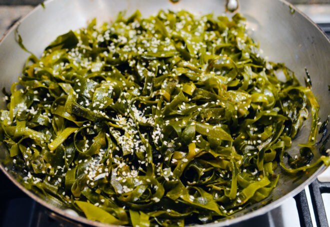 silver bowl filled with kelp noodles