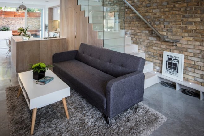 gray sofa and white coffee table