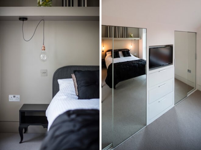 large bed with dark bedding